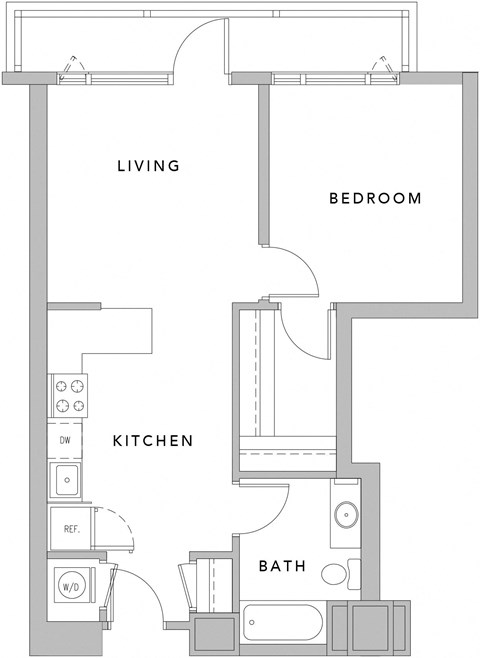 Floor plan for 1 bed, 1 bath, 677 sqft